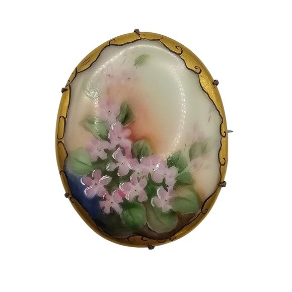 Antique Hand-Painted Porcelain Floral Brooch Victorian C-Clasp Pink Romantic Pin - Picture 1 of 13